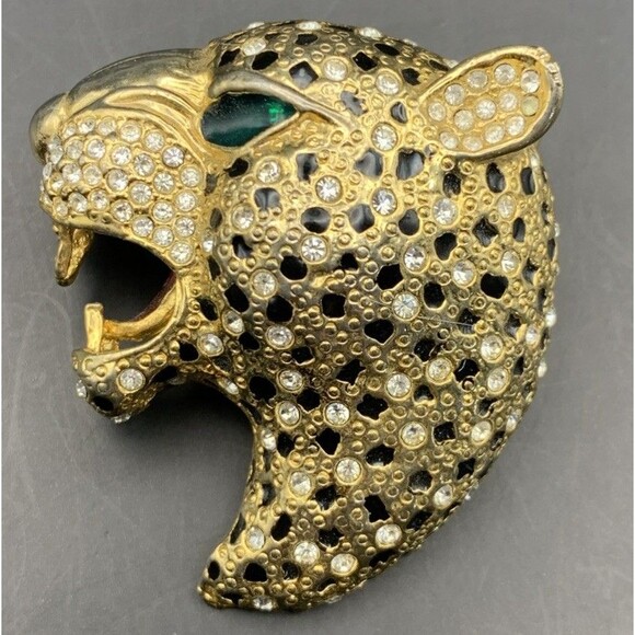Leopard Head Brooch Pin Big Cat Clear Rhinestone Black Green Enamel Vintage - Picture 1 of 7